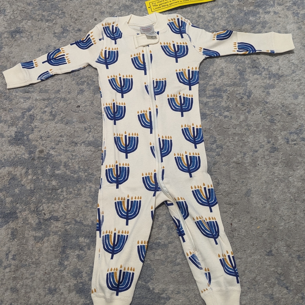 Hanna Andersson Blue and White Footies with Festive Menorah Design